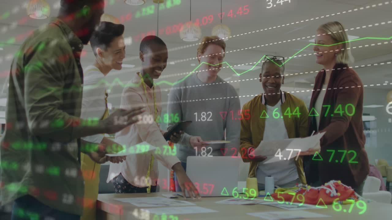 Animation of stock market data processing against diverse colleagues discussing together at office