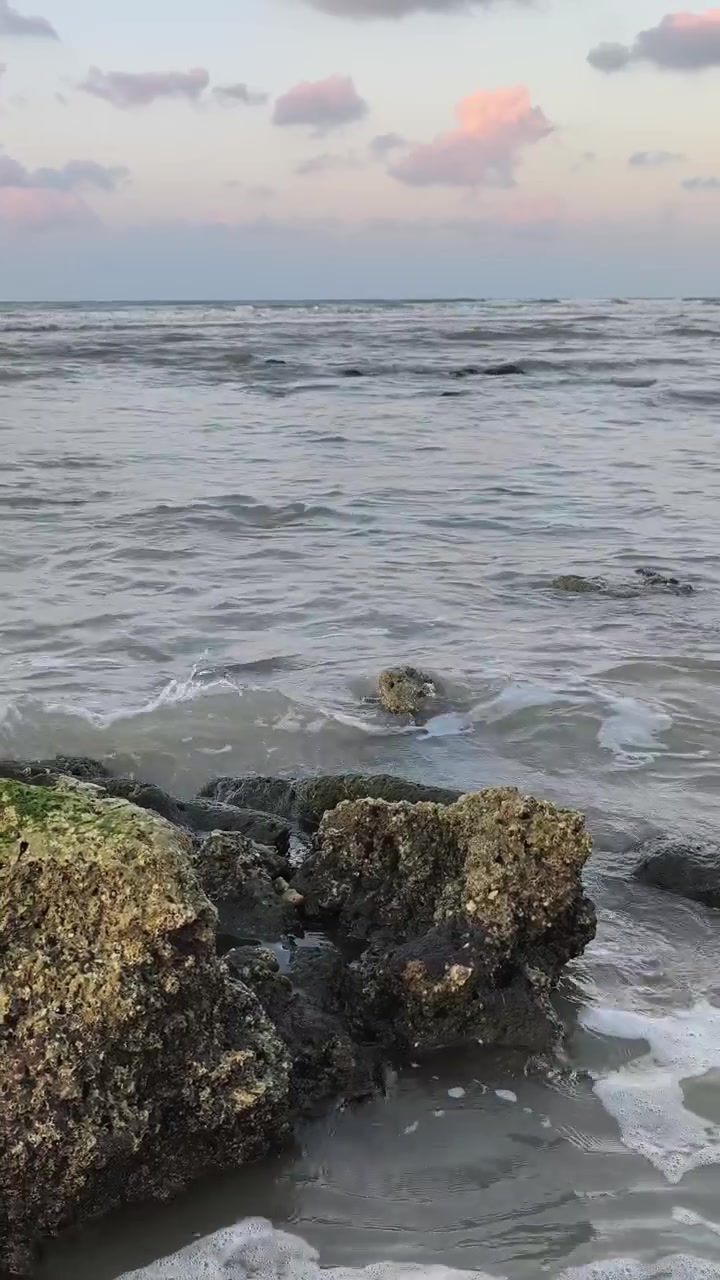 Dolci onde oceaniche che lambiscono rocce muschiose al tramonto