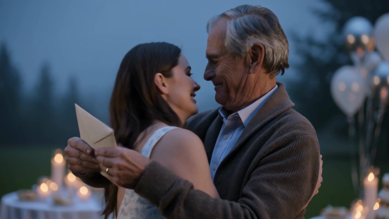 Holding envelope, tightening hug man in brown-jacket and woman in white-dress celebrating at dusk