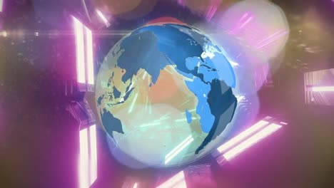 animation of purple glowing tunnel in seamless pattern over globe against spots of light