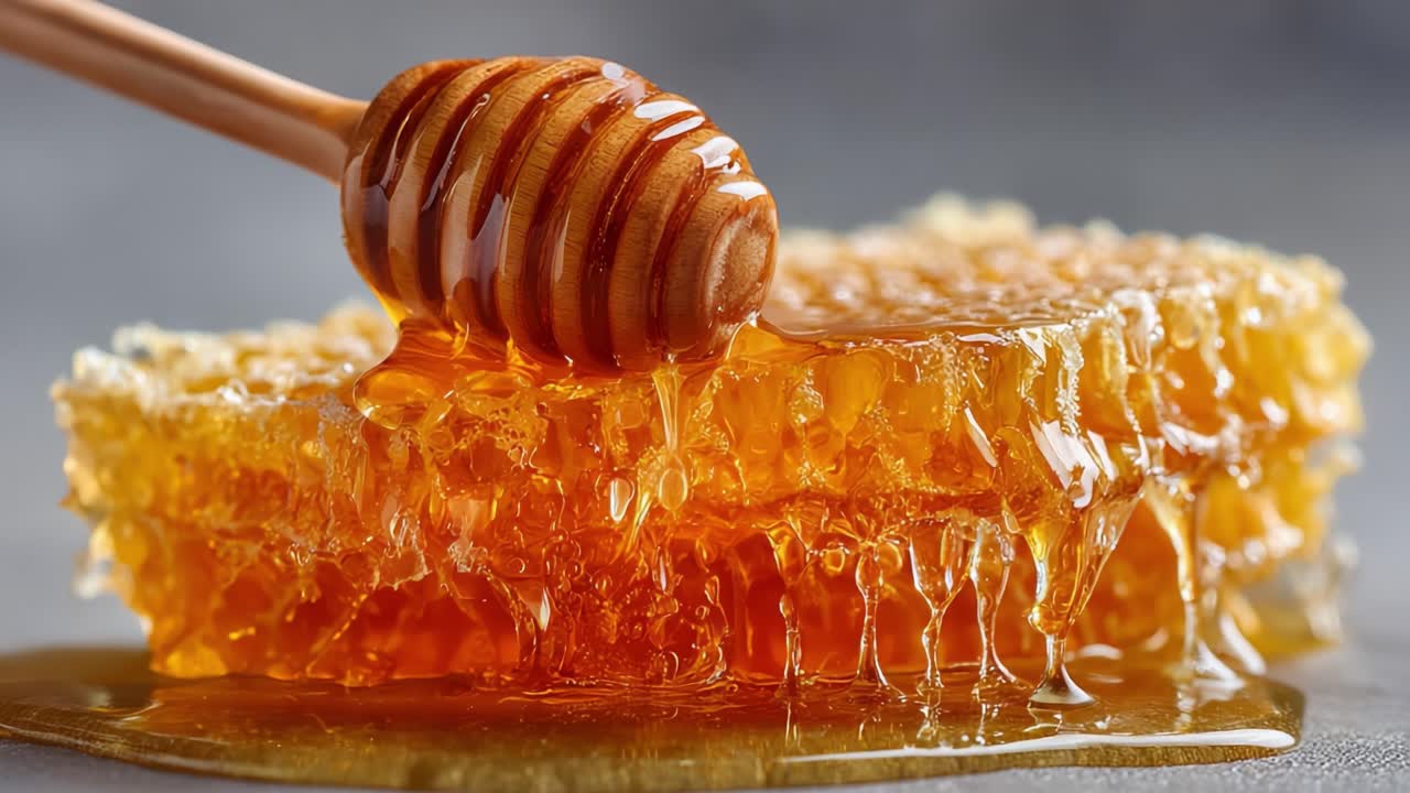 Un primo piano di favo dorato con miele che cola e un mestolino di legno, che cattura la dolcezza e la consistenza del miele puro in una vista coinvolgente e dettagliata.