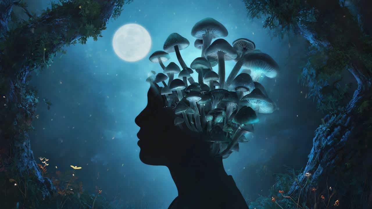 Surreal Mindscape with Glowing Mushrooms and Moonlight in a Mystical Forest