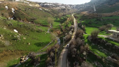 aerial tracking shot of car traveling on country road in scenic landscape