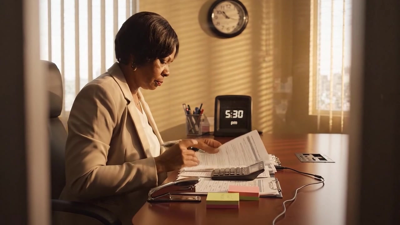 Focused Professional Working Late at Office, Analyzing Documents and Using Calculator, Clock Shows 5:30 PM, Representation of Office Productivity and Dedication