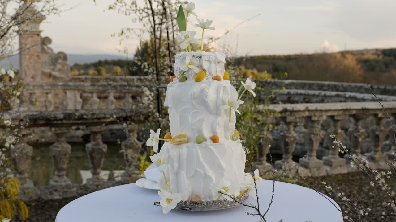 Elegante bolo de casamento de três camadas com decorações florais