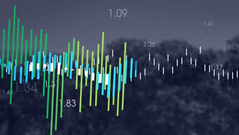 animation of statistical data processing and changing numbers against trees