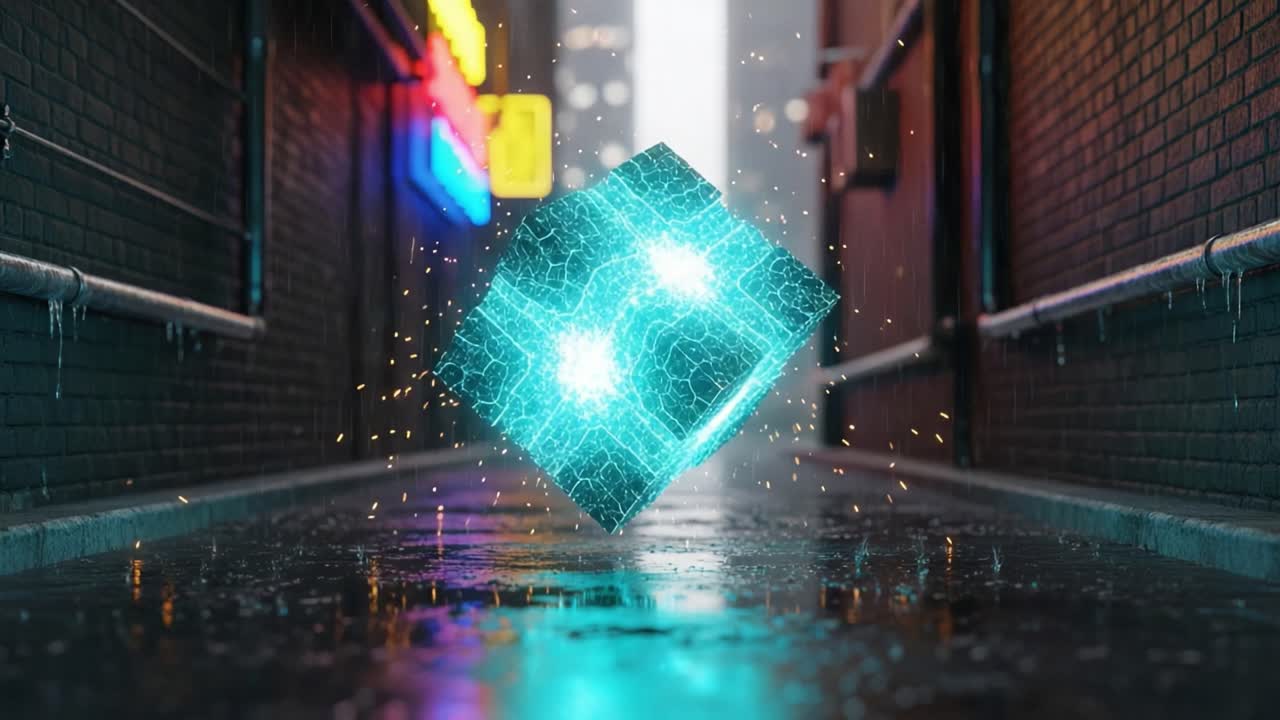 Floating Illuminated Cube in a Rainy Alley: A Dynamic Display of Light and Technology Captured in Stunning Detail and Vivid Colors Amidst Urban Architecture