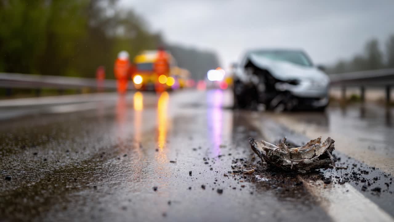 Wstrząsająca scena wypadku na deszczowej drodze z odłamkami i służbami ratunkowymi na miejscu zdarzenia, ukazująca zagrożenia związane z jazdą w trudnych warunkach.