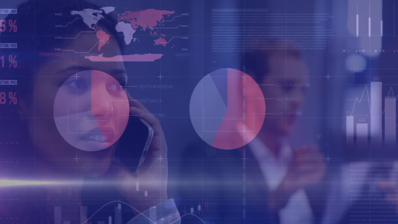 animación de la interfaz infográfica sobre una mujer de negocios biracial hablando en teléfono inteligente en la oficina