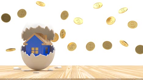 3d animation house icon in opening broken egg and falling gold dollar coins. 4k