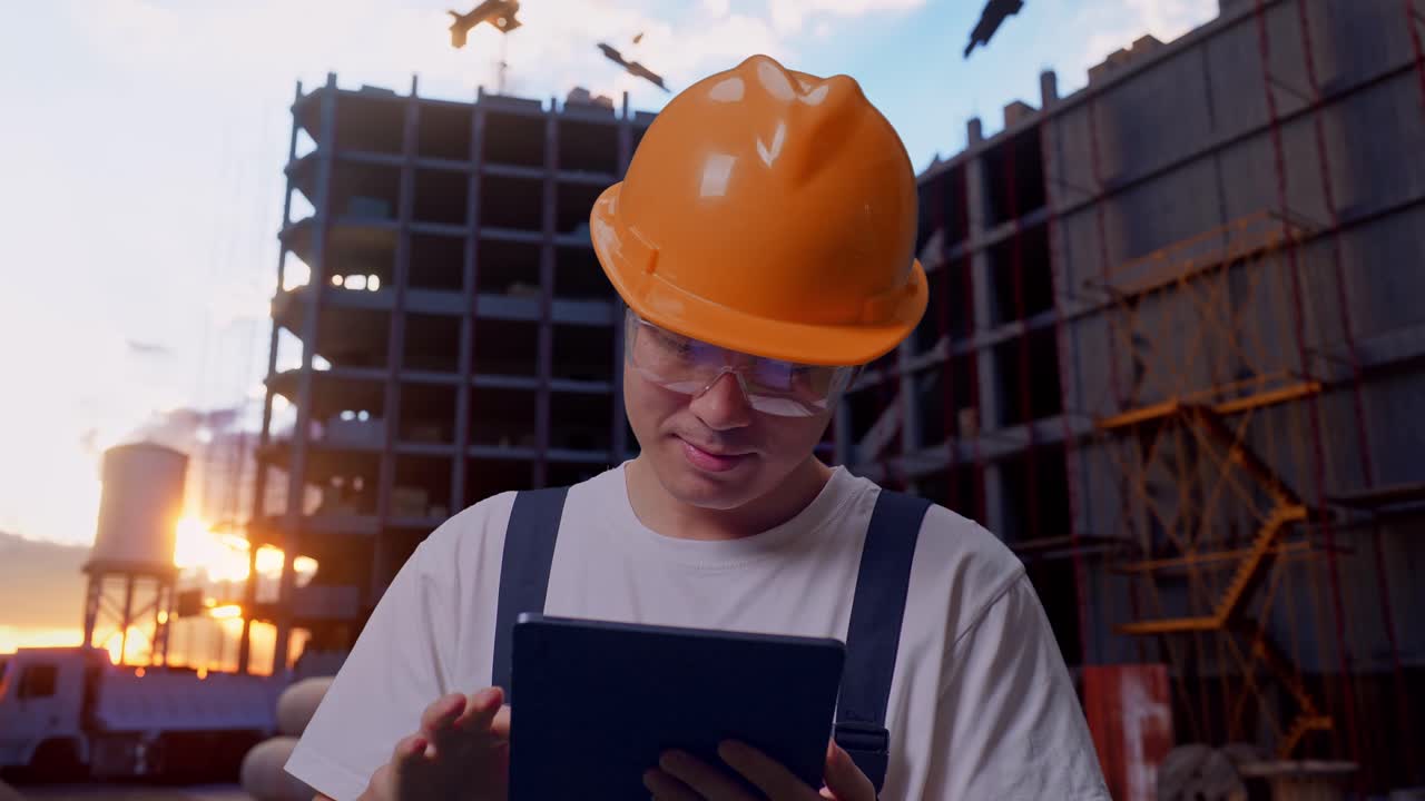 trabajador asiático usando una tableta en el sitio de construcción