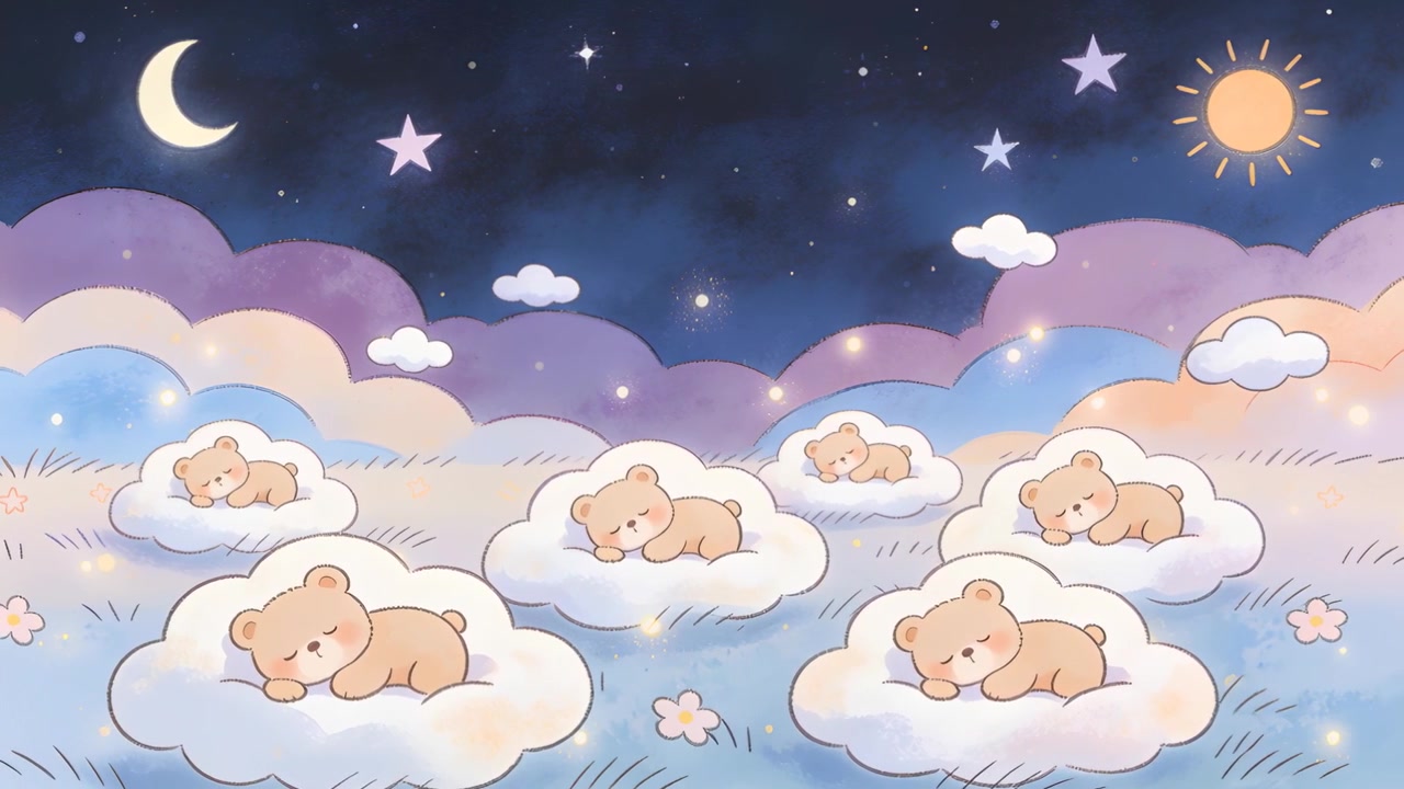 Opening camera revealing six teddy bears sleeping on cloud beds in meadow, moon, sun glowing
