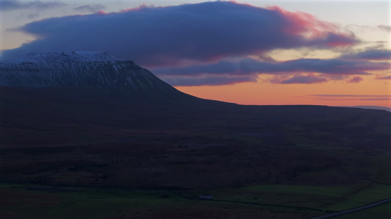 Establishing Aerial Drone Shot of Snowy Ingleborough Low Light Sunset