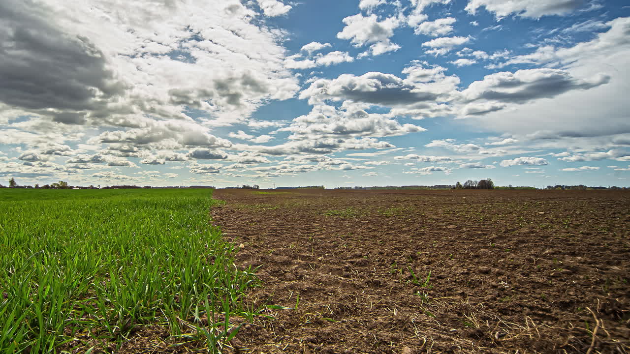 Zeitraffer auf Ackerland mit halb Gras, halb Erde an einem sonnigen Tag mit stimmungsvollen Wolken