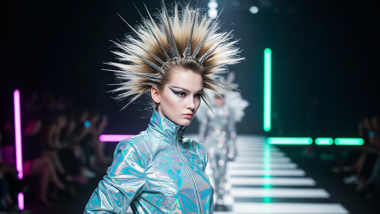 Futuristic Fashion Showcase: A Stunning Model with Edgy Hairstyle Stuns on the Runway in a Shiny, Reflective Suit Surrounded by Vibrant Neon Lights