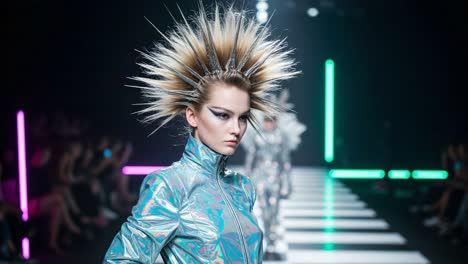 futuristic fashion showcase: a stunning model with edgy hairstyle stuns on the runway in a shiny, reflective suit surrounded by vibrant neon lights