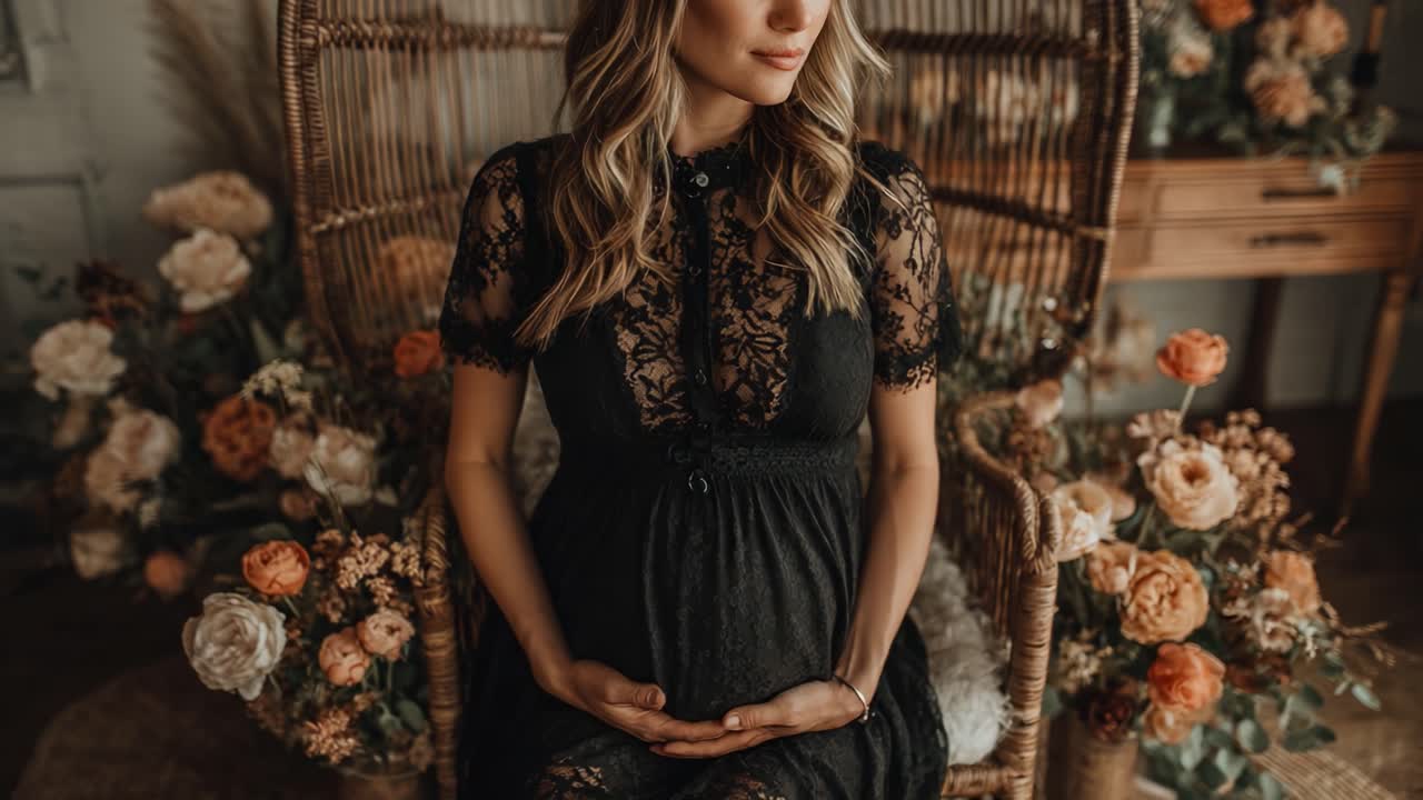 Beautiful Pregnant Woman in Elegant Black Lace Dress Surrounded by Floral Decorations Sitting Comfortably in a Wicker Chair, Capturing a Moment of Anticipation and Joy