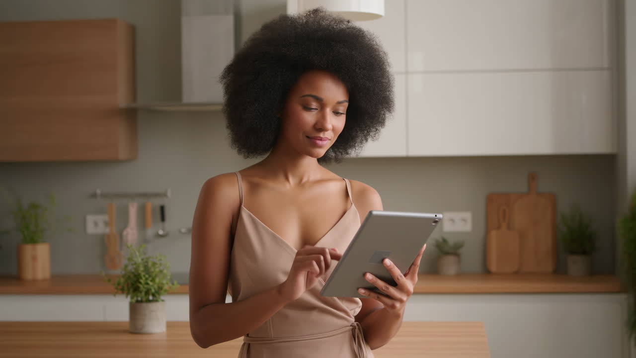 Young African American Woman Browsing Digital Tablet in Kitchen