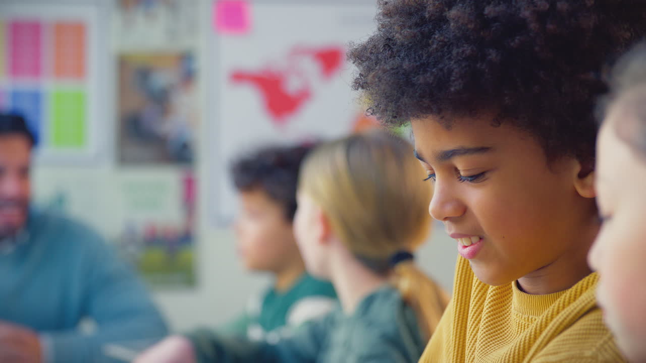 Close Up Of Elementary School Students And Female Teacher Using Digital Tablets In Classroom Lesson