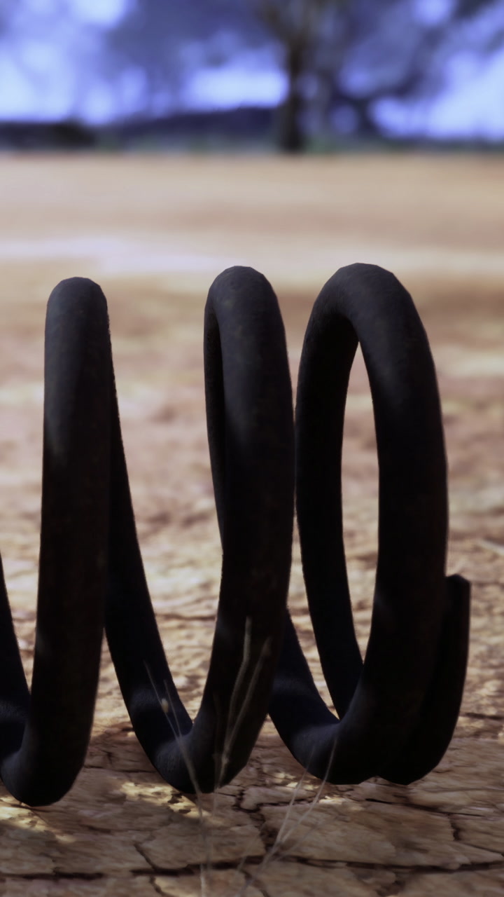 Metal coil rests on dry ground with trees in the background during sunny day