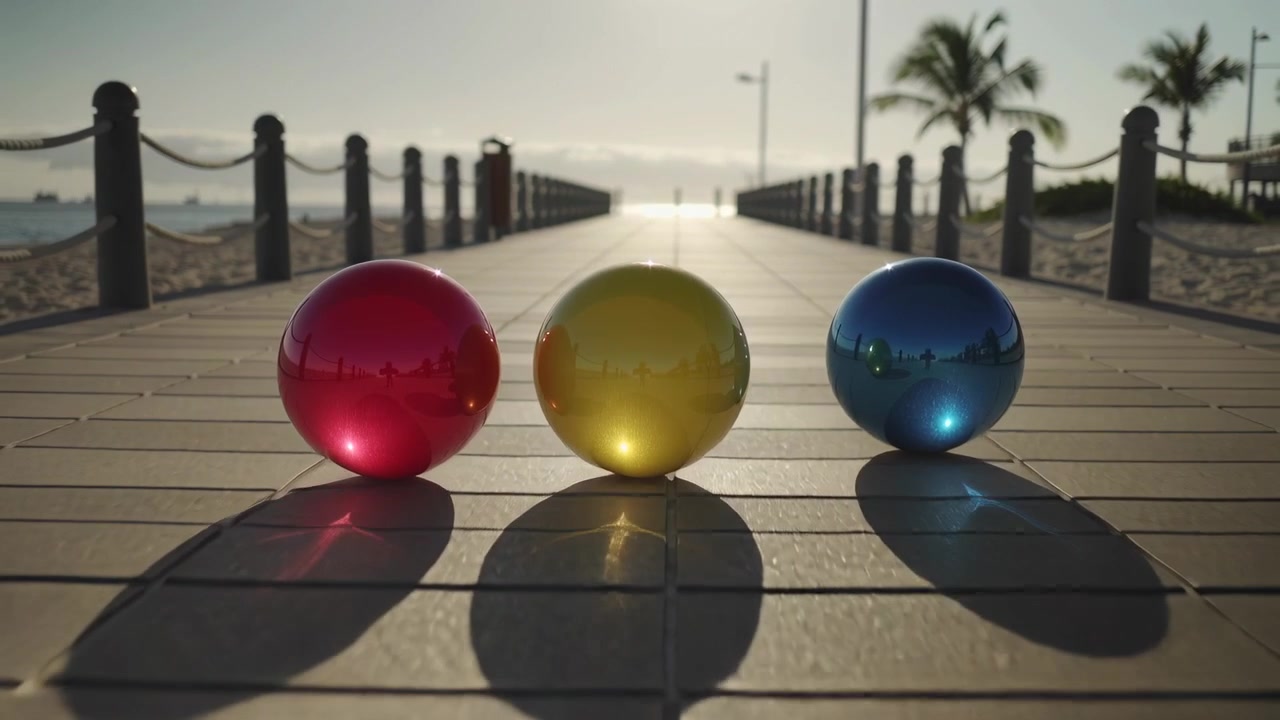 Shifting sunlight causing three reflective spheres glinting on wooden boardwalk, with long shadows