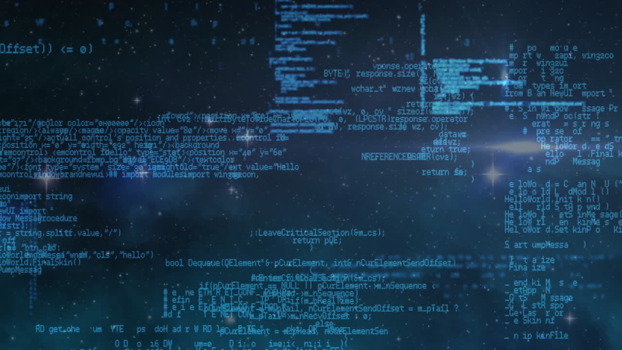 Animation of computer language over lens flares and stars against abstract background