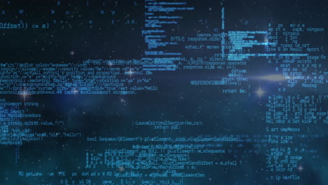 animation of computer language over lens flares and stars against abstract background