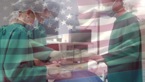 animación de la bandera de los estados unidos ondeando sobre los cirujanos en el quirófano