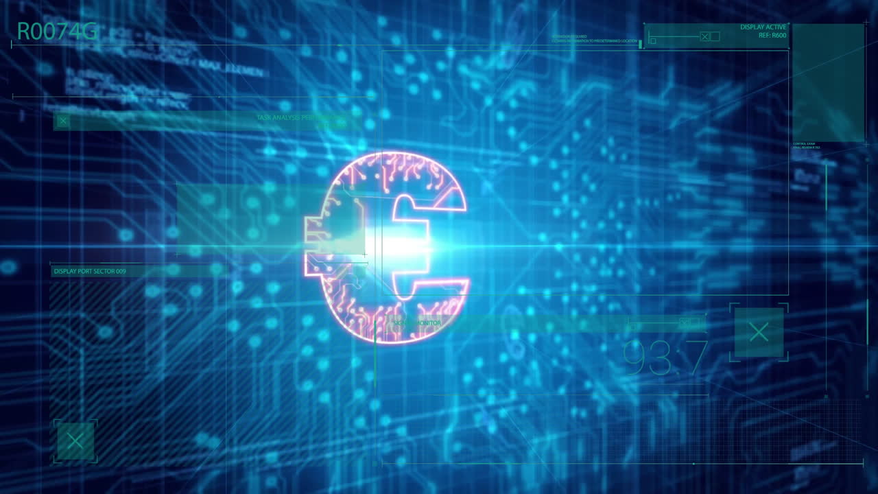 Glowing digital currency symbol on blue technology background with data animation
