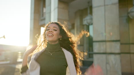 business woman, dancing and music in morning