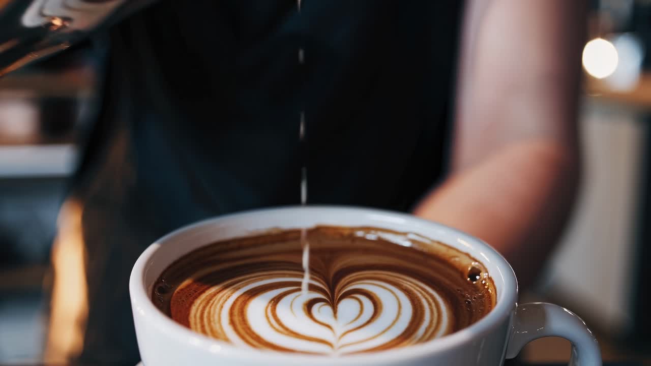 Close-up video of milk being poured into coffee, creating a swirling pattern