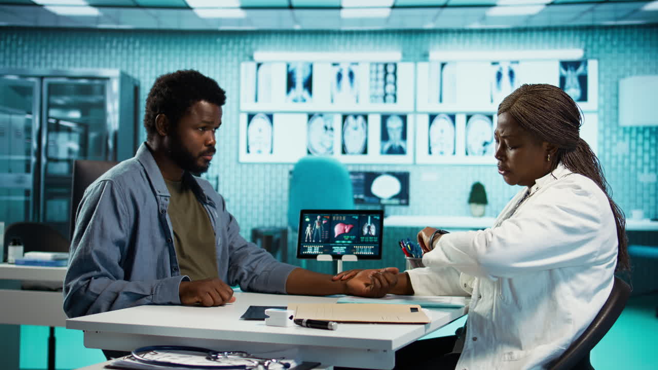 African american medic monitoring pulse and heartbeat with a smartwatch