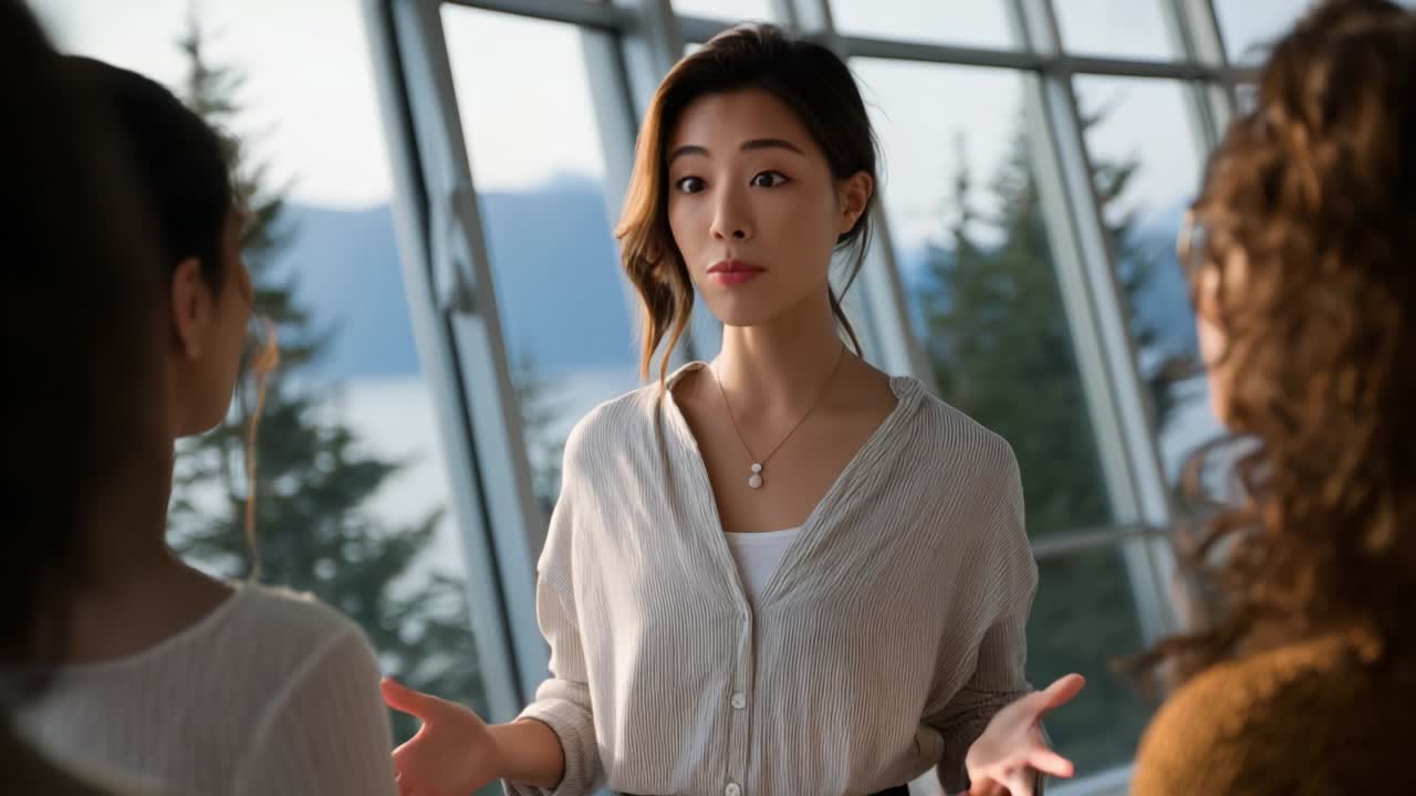 A Confident Woman Engaging in a Thoughtful Conversation with Her Peers, Highlighting Effective Communication Skills and the Importance of Connection Among Individuals in a Natural Setting