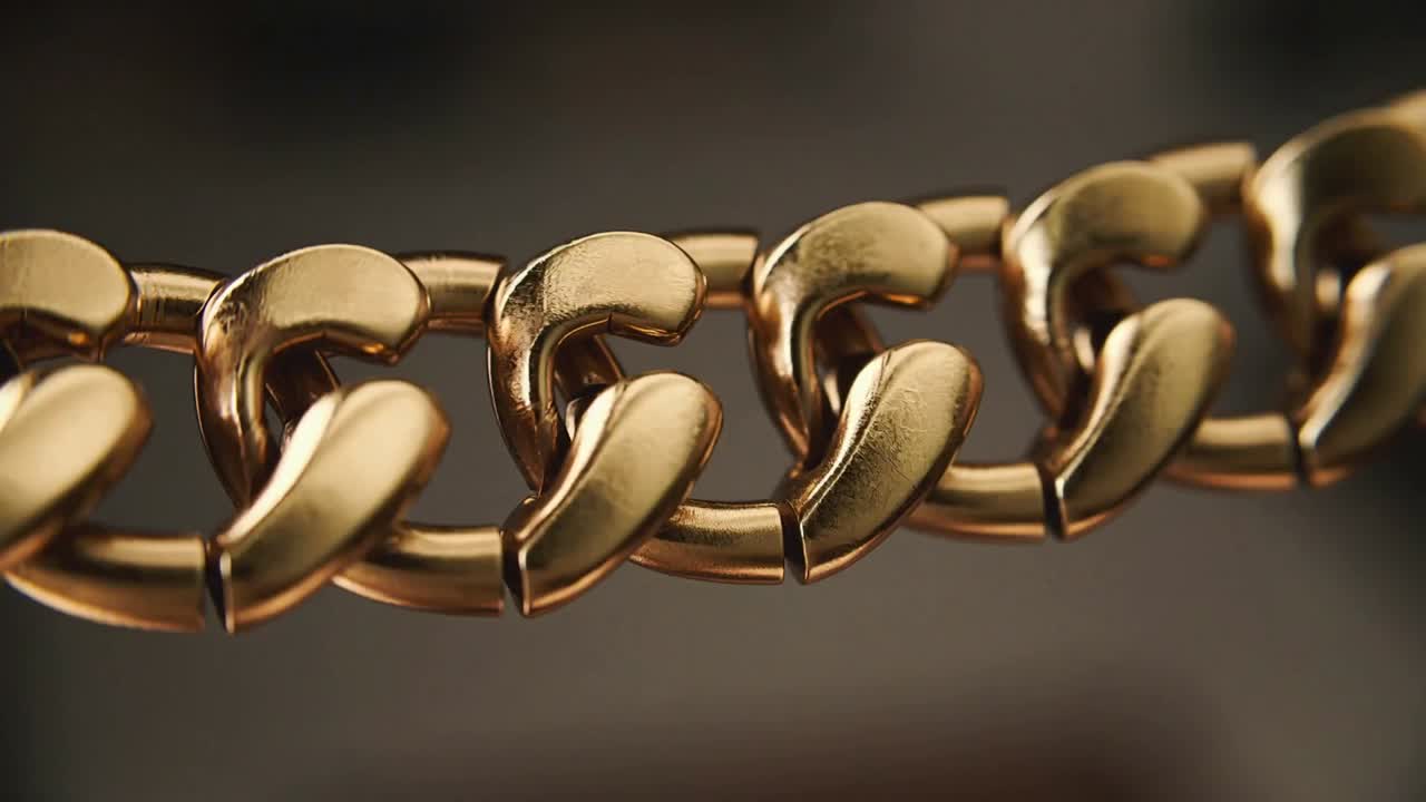 Rotazione di una catena d'oro che scivola su una sottile asta di metallo in studio dopo la regolazione della messa a fuoco, con evidenziazione dei riflessi speculari