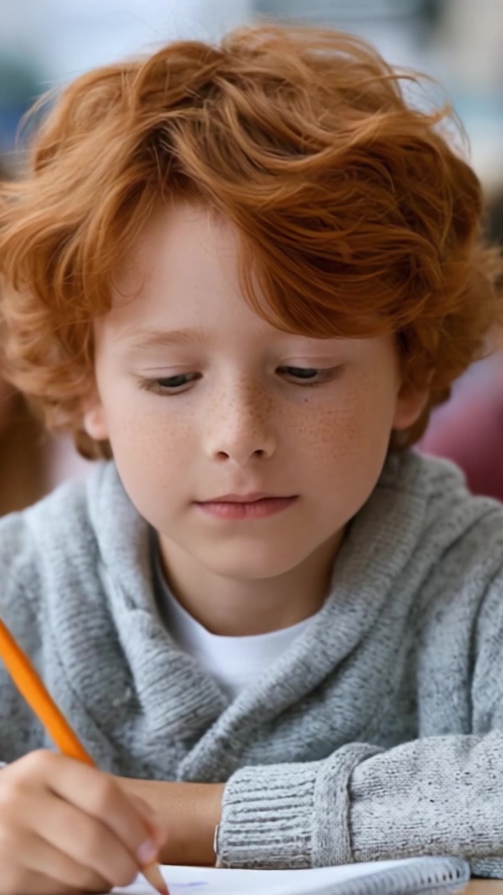 Un giovane ragazzo con i capelli rossi impegnato nel disegno e nell'apprendimento, che mette in mostra creatività e curiosità in un ambiente scolastico.