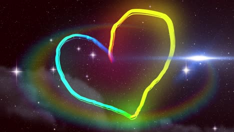 Animation-of-glowing-rainbow-heart-with-prism-and-stars-glistening-at-night