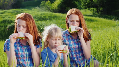 las hermanas están comiendo sándwiches en un prado verde