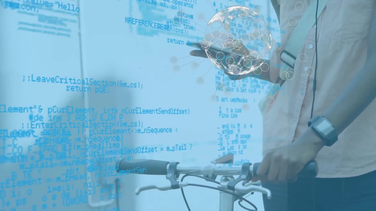 Animation of globe and data processing over woman using smartphone