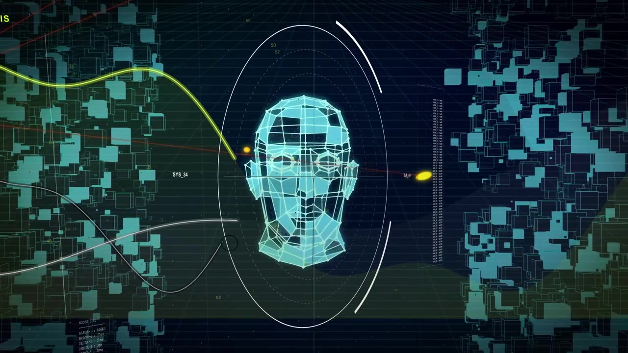 Left column pulse starting, cyan wireframe head rotating and refining mesh for analysis
