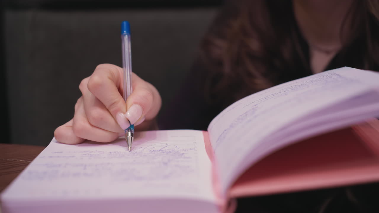 Close up of female hand holding blue pen writing in pink notebook with visible ink, soft lighting highlights fingertips and handwriting as she focuses in relaxed indoor setting, showing concentration
