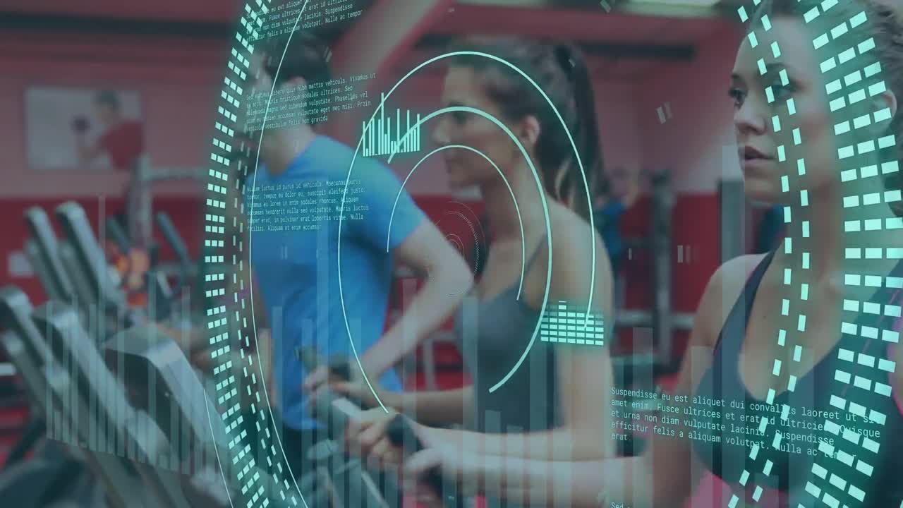 animación de escaneo de alcance y procesamiento de datos sobre personas caucásicas en el gimnasio