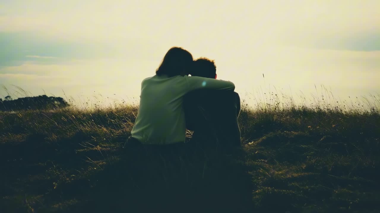 A serene video scene of two people sitting in a field at sunset, captured from a low angle
