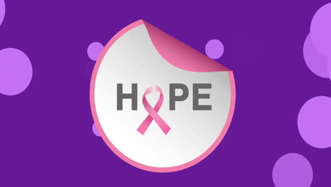 animación de texto de concientización sobre el cáncer de mama y cinta rosa sobre fondo púrpura