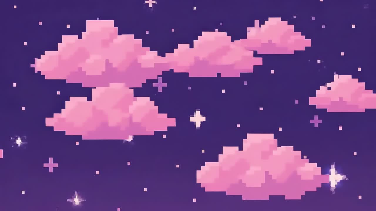 Nuvole in pixel art fluttuano in un cielo stellato, viste da un'angolazione bassa, ideali per temi video retrò
