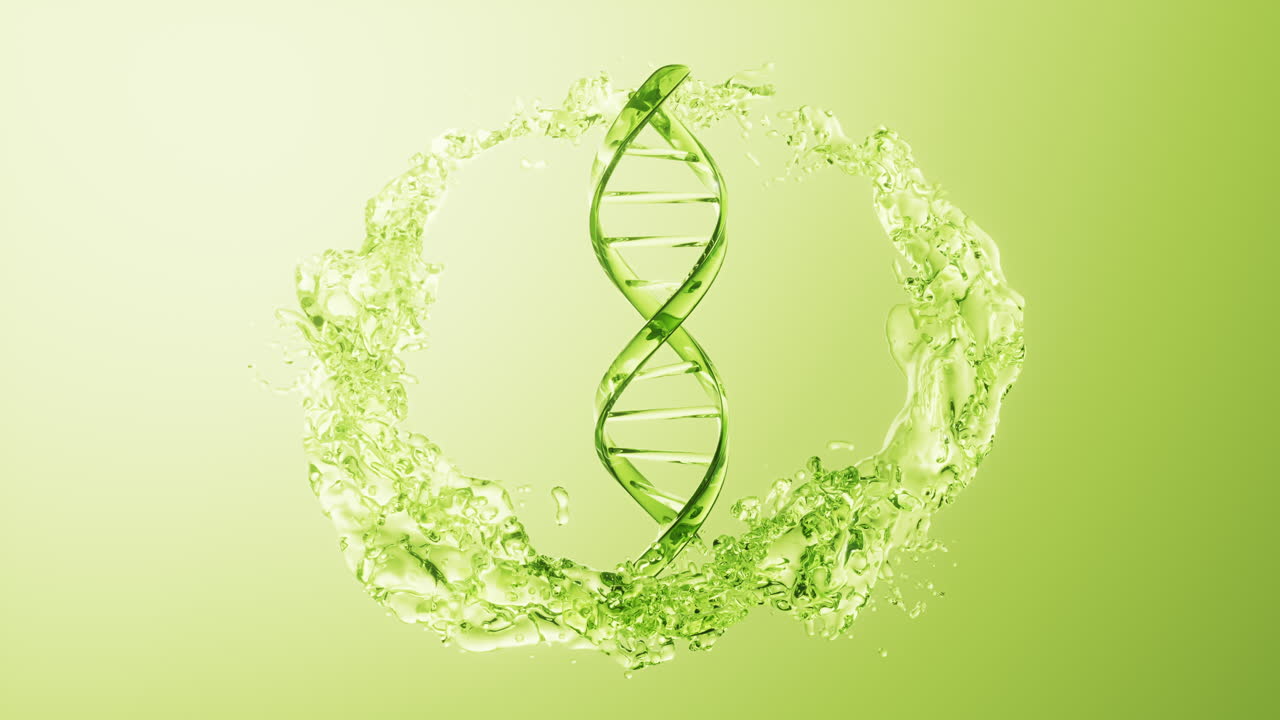 dna와 흐르는 물 액체 배경, 3d 렌더링