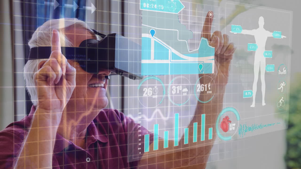Using virtual reality headset, elderly man interacting with health and fitness data animation