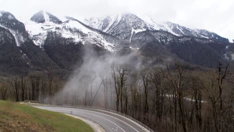 mountain road through foggy forest