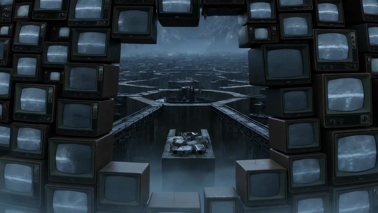 Forming stacked CRT TVs opening rotating vortex at wall, revealing foggy industrial walkways