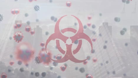 Animation-of-biohazard-and-virus-cells-over-cityscape