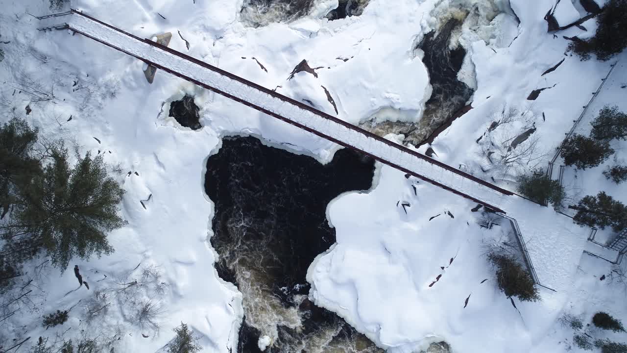 Winter Aerial Birds Eye View of Bridge over Onaping Falls, Push In